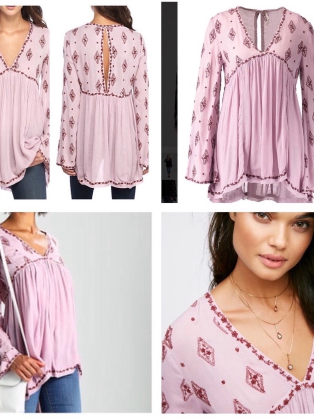 Free People Boho Dusty Pink Embroidered V-Neck Tunic top Small